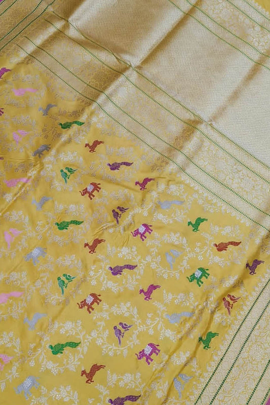 Yellow Banarasi Handloom Pure Katan Silk Shikargha Design Meenakari Saree