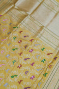 Yellow Banarasi Handloom Pure Katan Silk Shikargha Design Meenakari Saree - Luxurion World