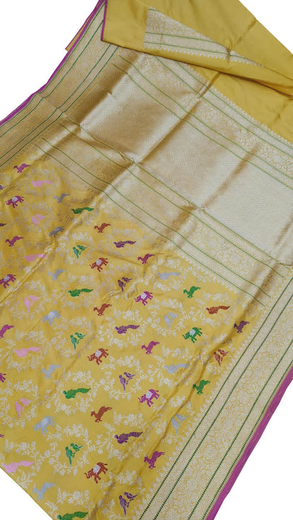 Yellow Banarasi Handloom Pure Katan Silk Shikargha Design Meenakari Saree - Luxurion World