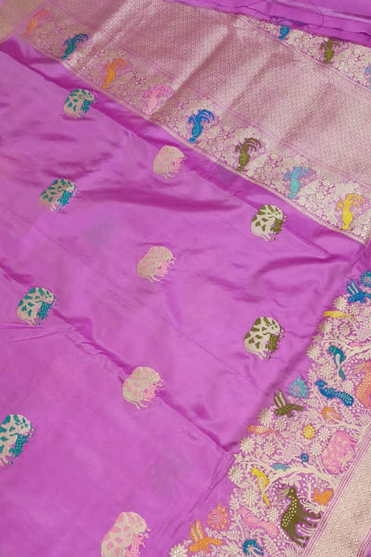 Pink Banarasi Handloom Pure Katan Silk Shikargha Design Meenakari Saree - Luxurion World