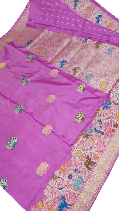 Pink Banarasi Handloom Pure Katan Silk Shikargha Design Meenakari Saree - Luxurion World