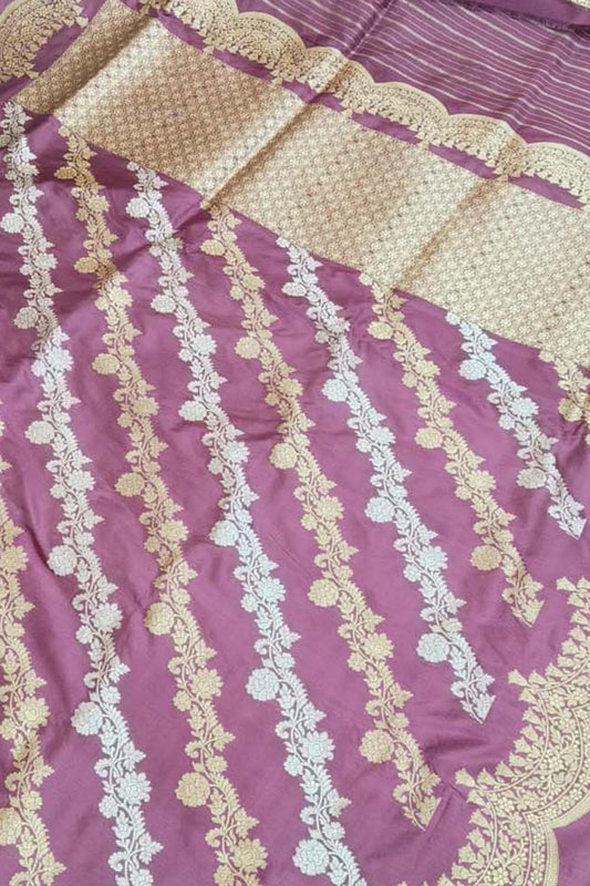 Purple Banarasi Handloom Pure Katan Silk Kadwa Saree - Luxurion World