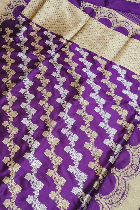 Purple Banarasi Handloom Pure Katan Silk Kadwa Saree - Luxurion World