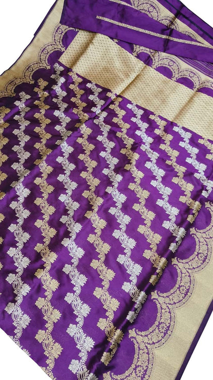Purple Banarasi Handloom Pure Katan Silk Kadwa Saree - Luxurion World