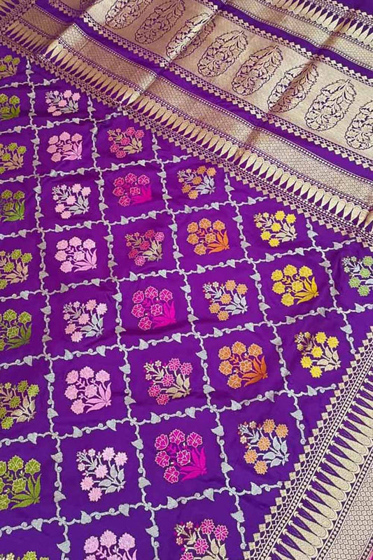 Purple Banarasi Handloom Pure Katan Silk Kadwa Saree - Luxurion World