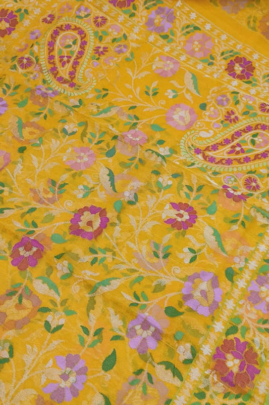 Yellow Banarasi Handloom Real Zari Pure Cotton Saree - Luxurion World