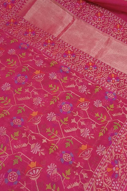 Pink Banarasi Handloom Real Zari Pure Cotton Saree - Luxurion World