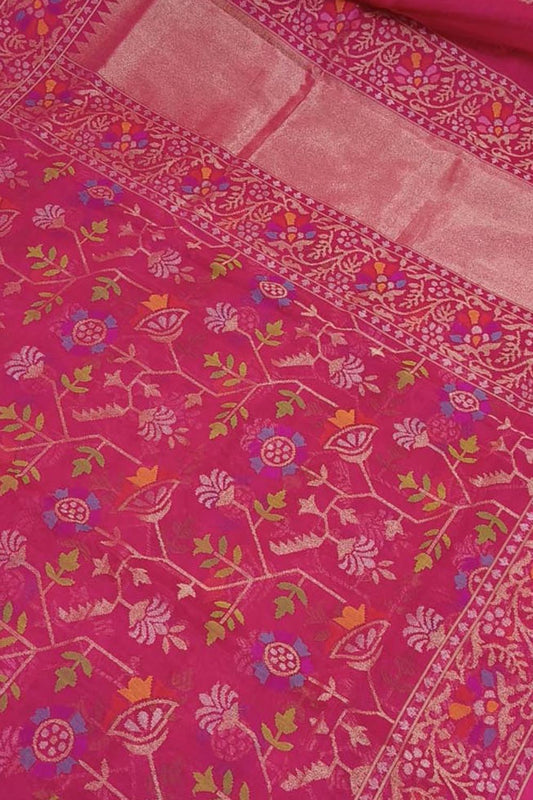 Pink Banarasi Handloom Real Zari Pure Cotton Saree - Luxurion World