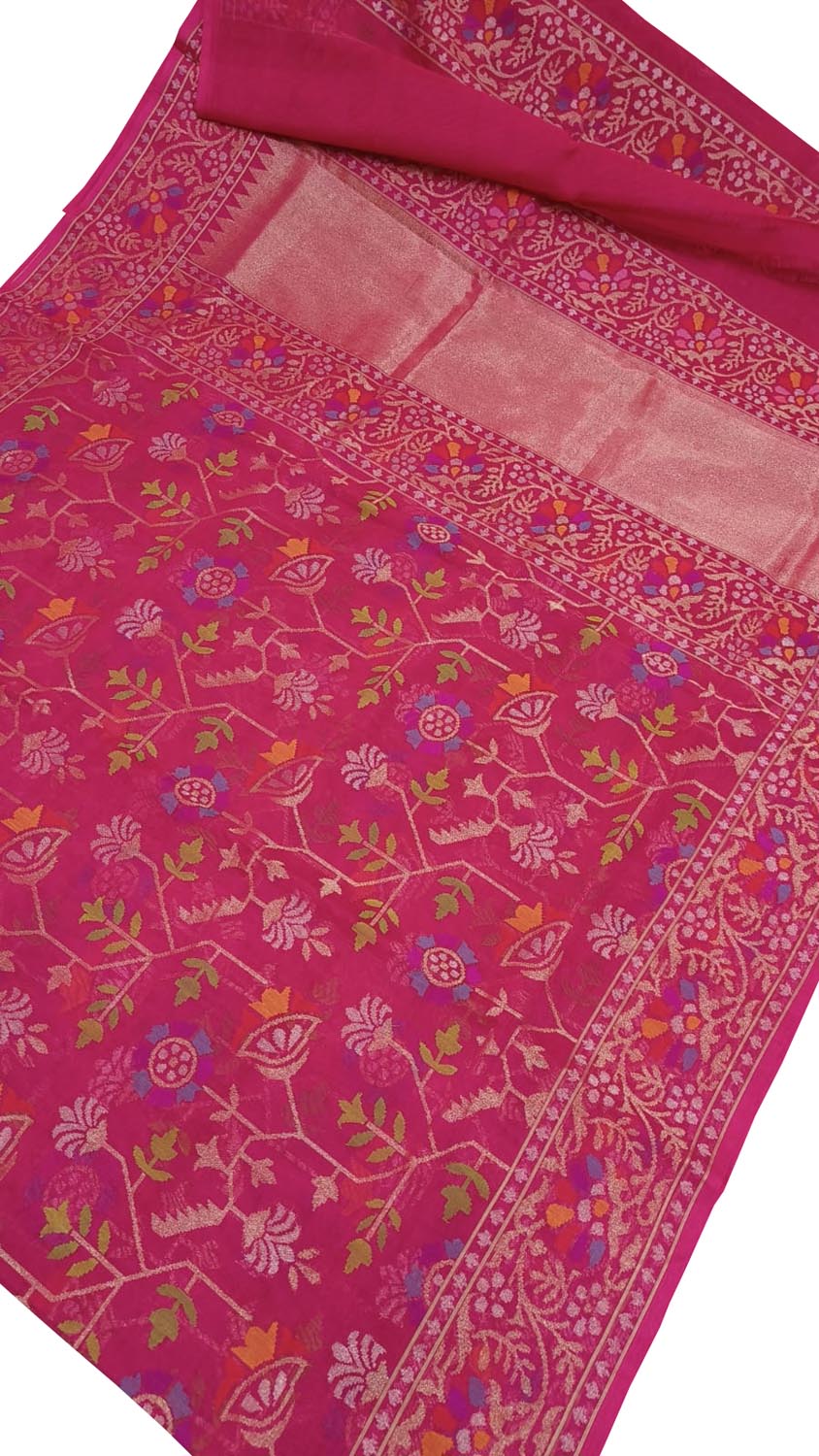 Pink Banarasi Handloom Real Zari Pure Cotton Saree - Luxurion World