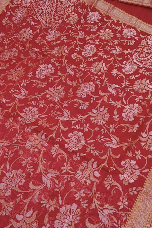 Red Banarasi Handloom Real Zari Pure Cotton Saree