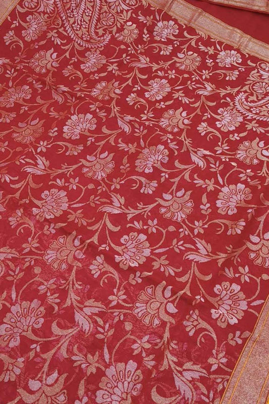 Red Banarasi Handloom Real Zari Pure Cotton Saree - Luxurion World