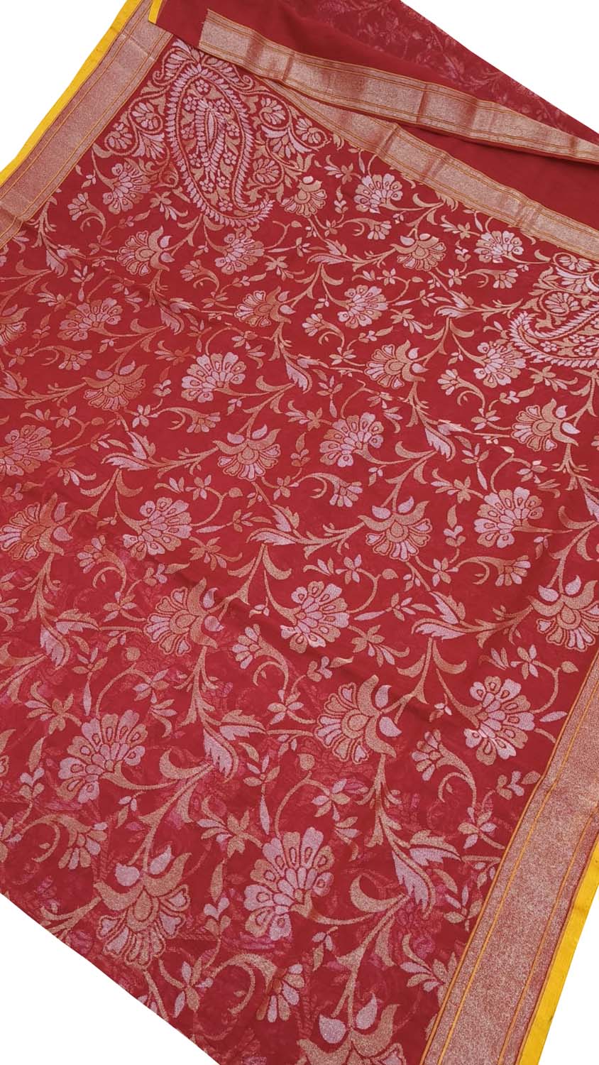 Red Banarasi Handloom Real Zari Pure Cotton Saree - Luxurion World