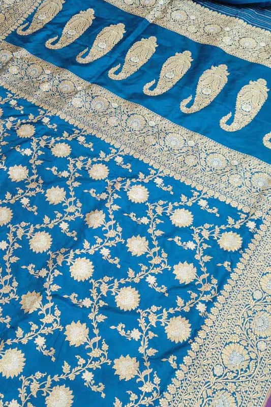 Blue Banarasi Handloom Pure Katan Silk Saree - Luxurion World