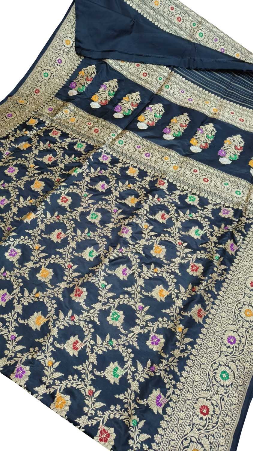 Black Banarasi Handloom Pure Katan Silk Saree - Luxurion World
