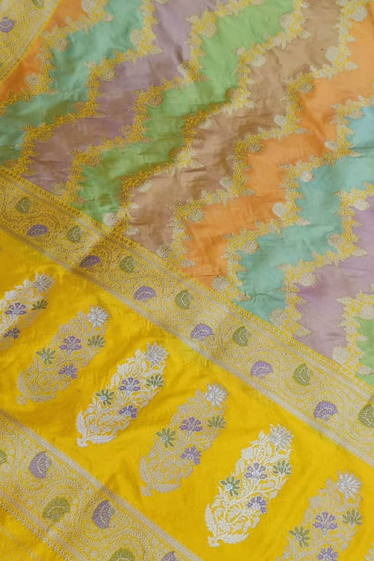Exquisite Multicolor Banarasi Handloom Pure Katan Silk Rangkat Meenakari Saree - Luxurion World