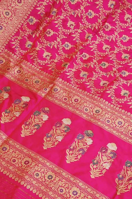 Elegant Pink Banarasi Handloom Pure Katan Silk Meenakari Saree - Luxurion World