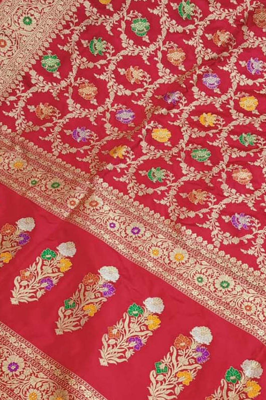 Exquisite Red Banarasi Handloom Pure Katan Silk Meenakari Saree - Luxurion World
