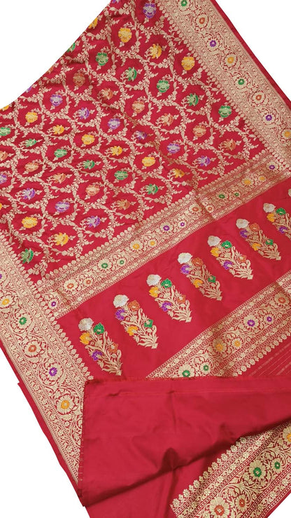 Exquisite Red Banarasi Handloom Pure Katan Silk Meenakari Saree - Luxurion World