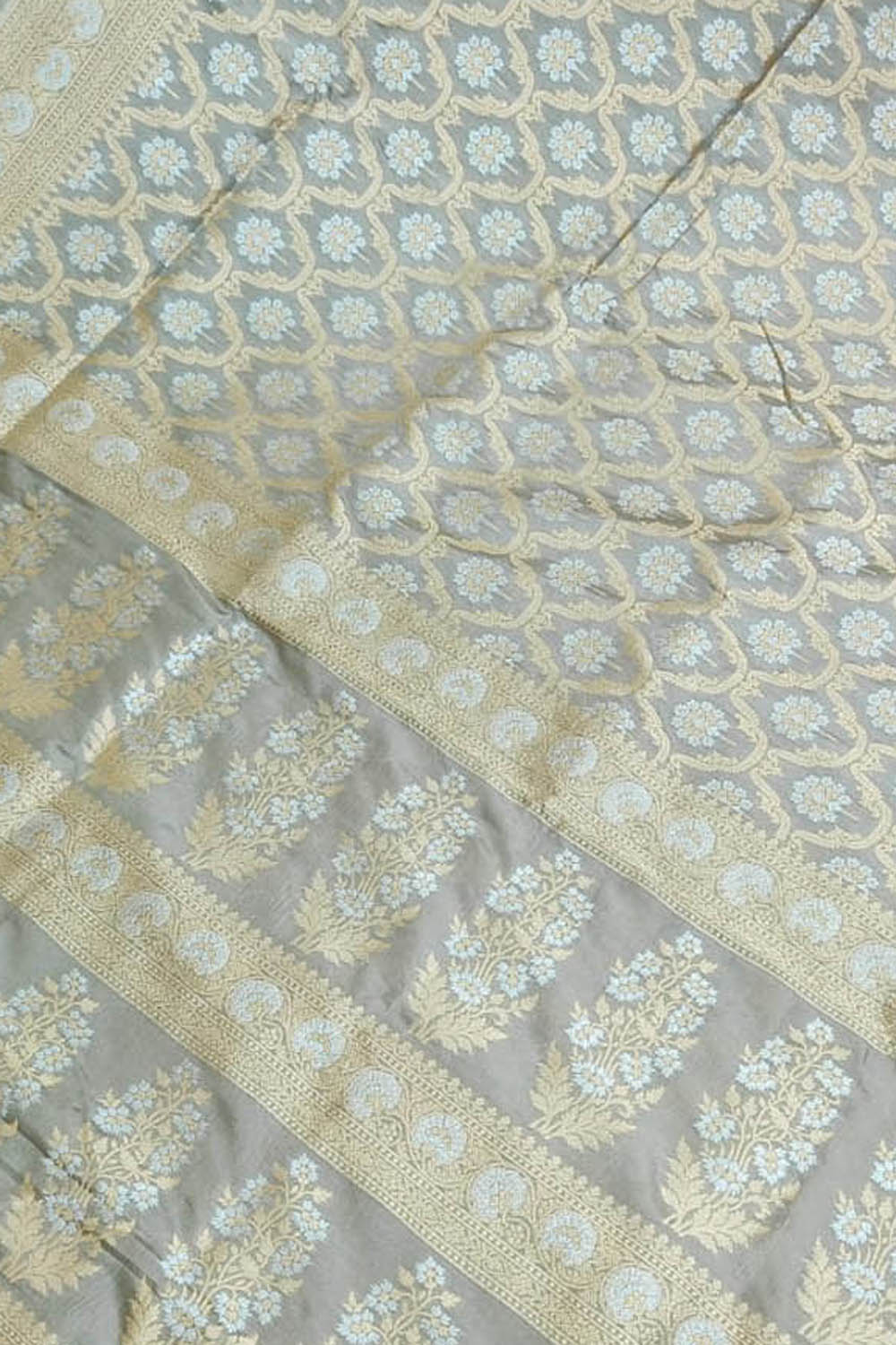 Exquisite Grey Banarasi Handloom Pure Katan Silk Sona Roopa Saree - Luxurion World