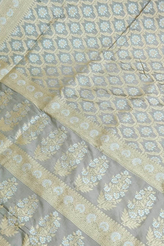 Exquisite Grey Banarasi Handloom Pure Katan Silk Sona Roopa Saree - Luxurion World