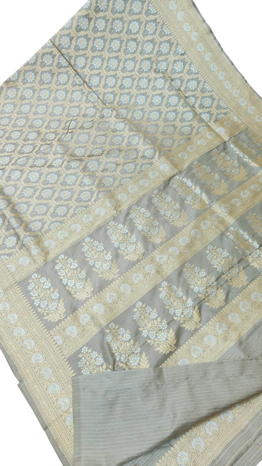 Exquisite Grey Banarasi Handloom Pure Katan Silk Sona Roopa Saree - Luxurion World