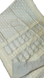 Exquisite Grey Banarasi Handloom Pure Katan Silk Sona Roopa Saree - Luxurion World