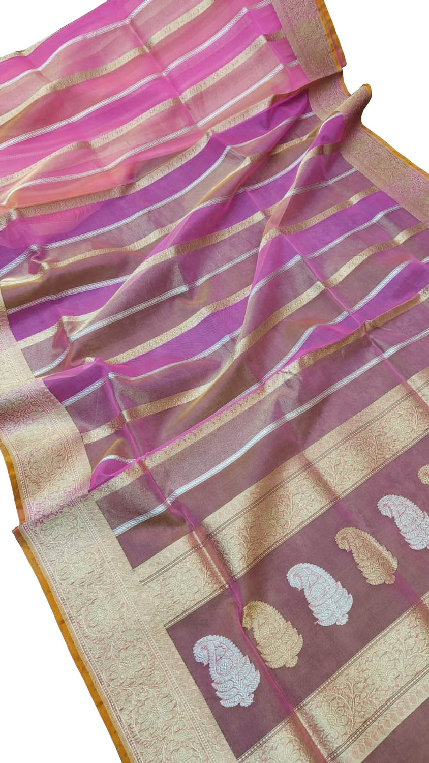 Exquisite Pink Banarasi Tissue Silk Saree - Handloom Pure - Luxurion World