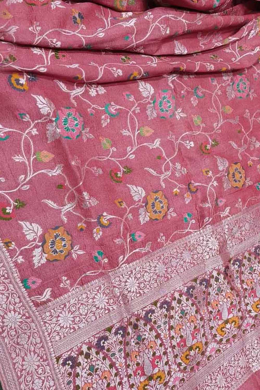 Elegant Pink Banarasi Handloom Pure Tussar Georgette Meenakari Saree - Luxurion World