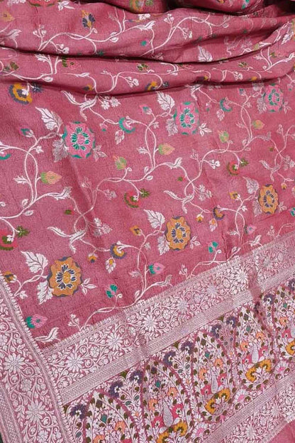 Elegant Pink Banarasi Handloom Pure Tussar Georgette Meenakari Saree - Luxurion World