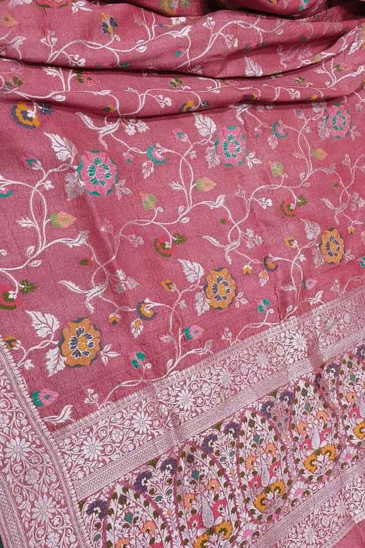 Elegant Pink Banarasi Handloom Pure Tussar Georgette Meenakari Saree - Luxurion World