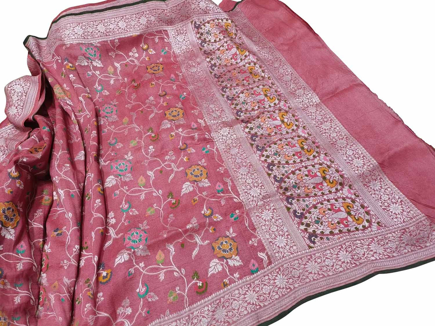 Elegant Pink Banarasi Handloom Pure Tussar Georgette Meenakari Saree - Luxurion World