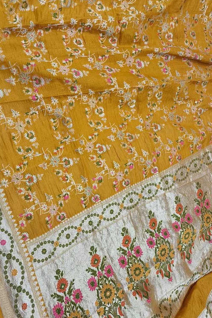 Yellow Banarasi Handloom Pure Tussar Georgette Meenakari Saree: A Timeless Elegance - Luxurion World