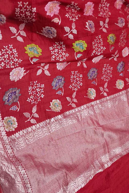 Elegant Red Banarasi Handloom Tussar Georgette Meenakari Saree - Luxurion World