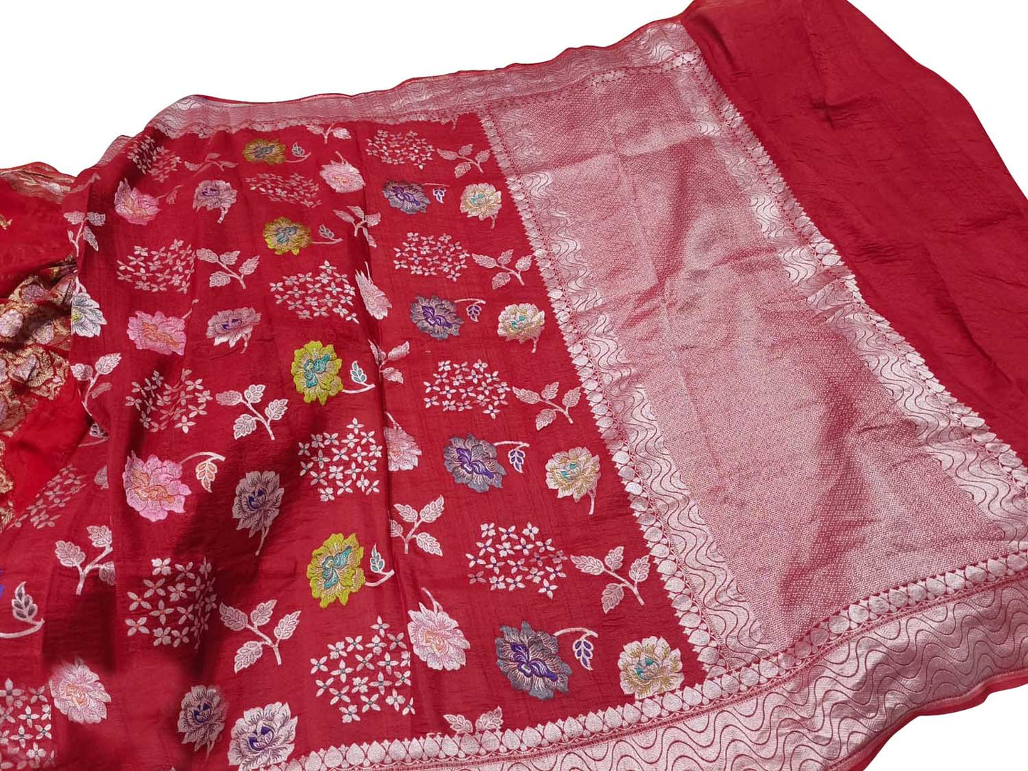 Elegant Red Banarasi Handloom Tussar Georgette Meenakari Saree - Luxurion World