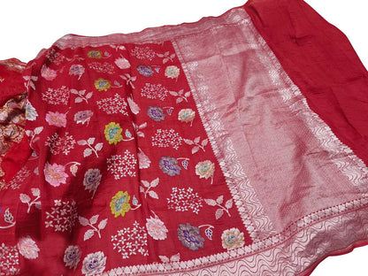 Elegant Red Banarasi Handloom Tussar Georgette Meenakari Saree - Luxurion World