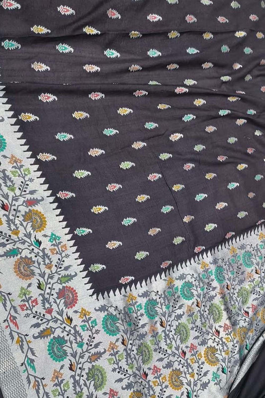 Elegant Black Banarasi Handloom Tussar Georgette Meenakari Saree - Luxurion World