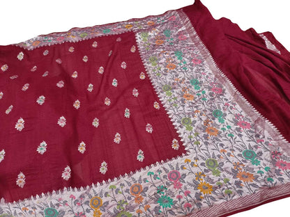 Elegant Red Banarasi Handloom Tussar Georgette Meenakari Saree - Luxurion World
