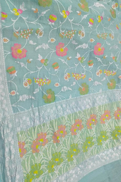 Elegant Blue Banarasi Handloom Pure Tussar Georgette Meenakari Saree - Luxurion World