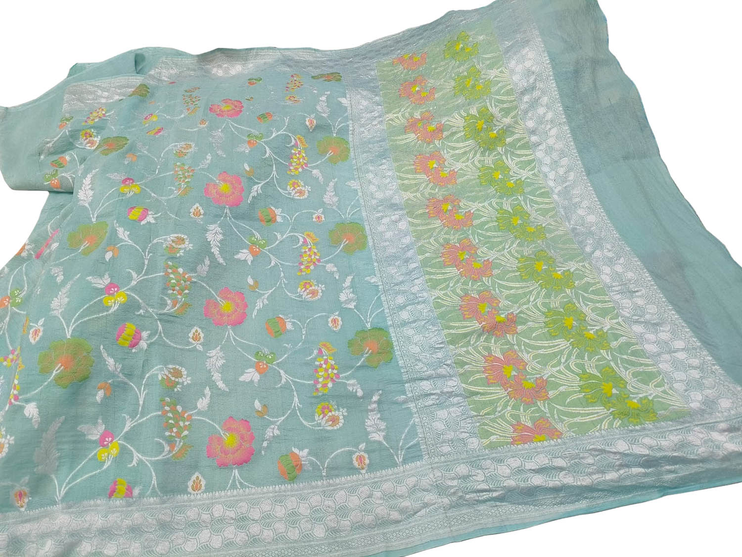 Elegant Blue Banarasi Handloom Pure Tussar Georgette Meenakari Saree - Luxurion World