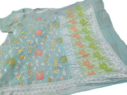 Elegant Blue Banarasi Handloom Pure Tussar Georgette Meenakari Saree - Luxurion World