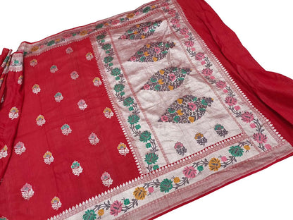 Elegant Red Banarasi Handloom Tussar Georgette Meenakari Saree - Luxurion World
