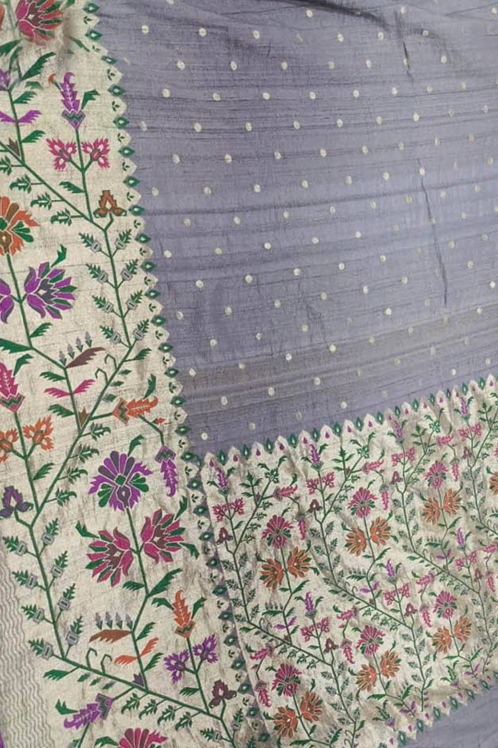 Elegant Grey Banarasi Handloom Tussar Georgette Meenakari Saree - Luxurion World