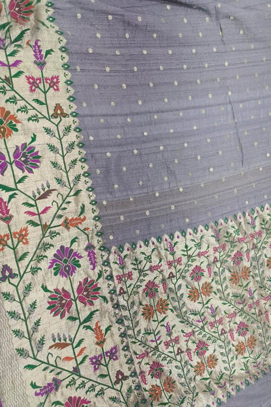 Elegant Grey Banarasi Handloom Tussar Georgette Meenakari Saree - Luxurion World