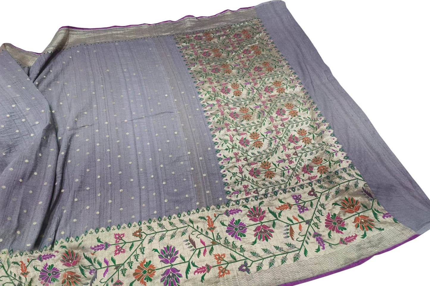 Elegant Grey Banarasi Handloom Tussar Georgette Meenakari Saree - Luxurion World