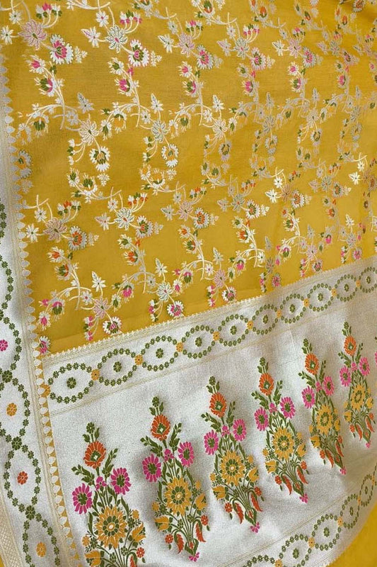 Yellow Banarasi Handloom Pure Tussar Georgette Meenakari Saree: Exquisite Elegance in Traditional Artistry - Luxurion World