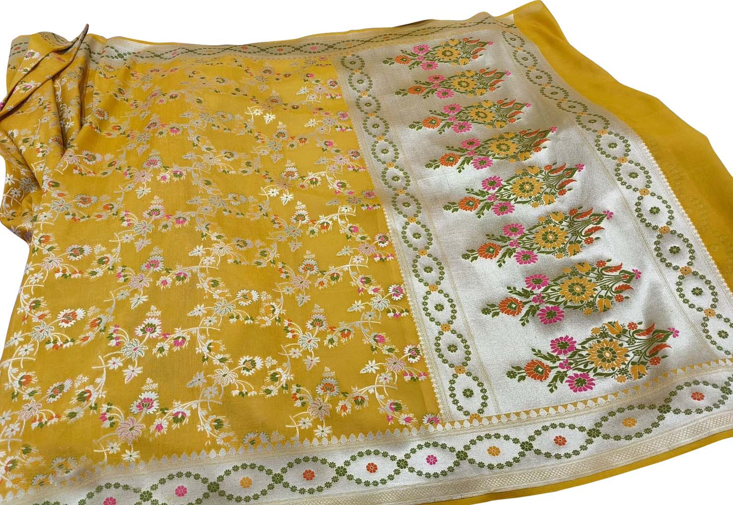 Yellow Banarasi Handloom Pure Tussar Georgette Meenakari Saree: Exquisite Elegance in Traditional Artistry - Luxurion World