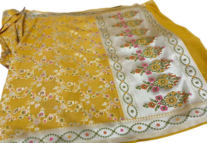 Yellow Banarasi Handloom Pure Tussar Georgette Meenakari Saree: Exquisite Elegance in Traditional Artistry - Luxurion World