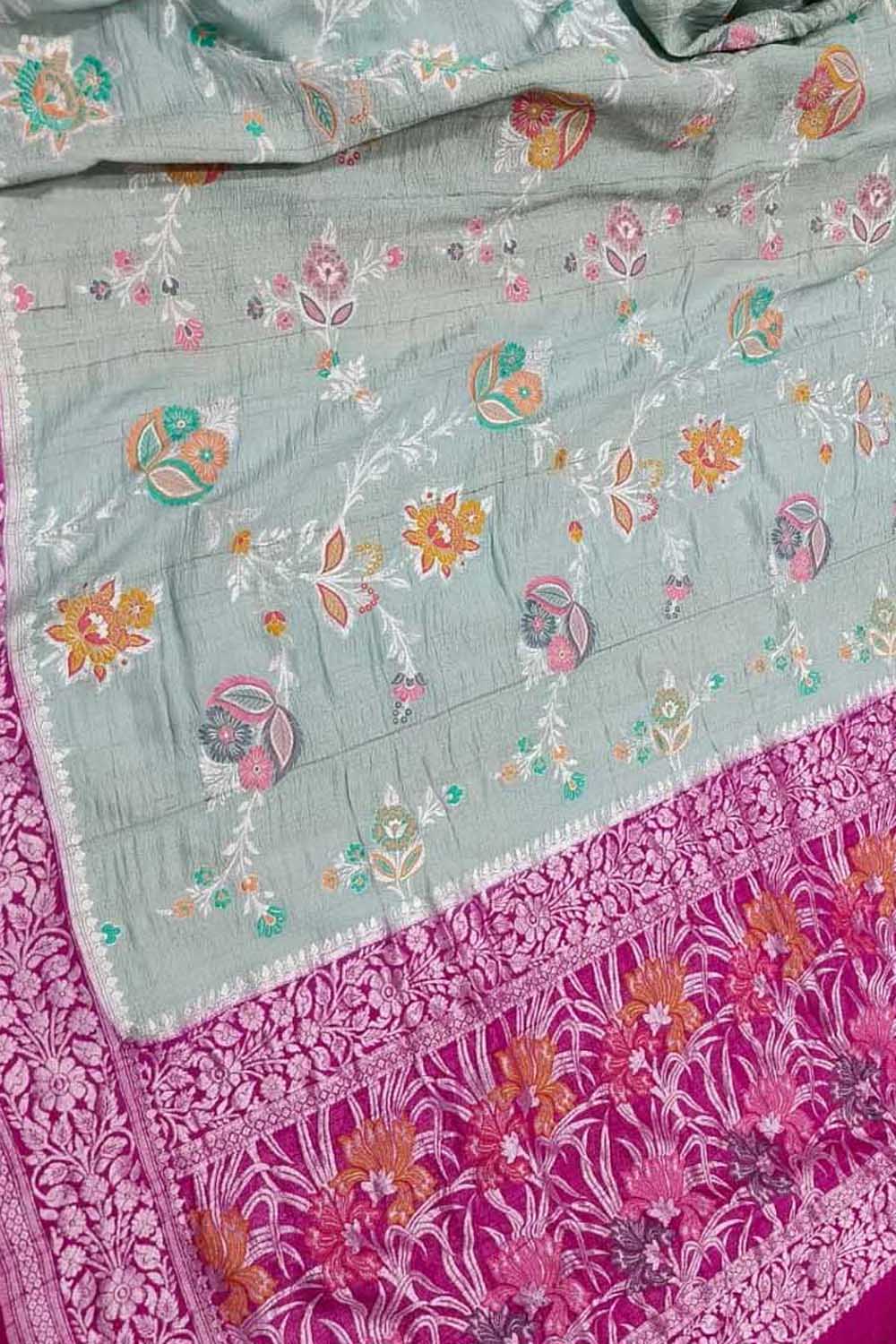 Elegant Grey Banarasi Handloom Tussar Georgette Meenakari Saree - Luxurion World