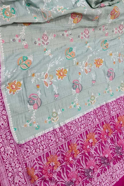 Elegant Grey Banarasi Handloom Tussar Georgette Meenakari Saree - Luxurion World