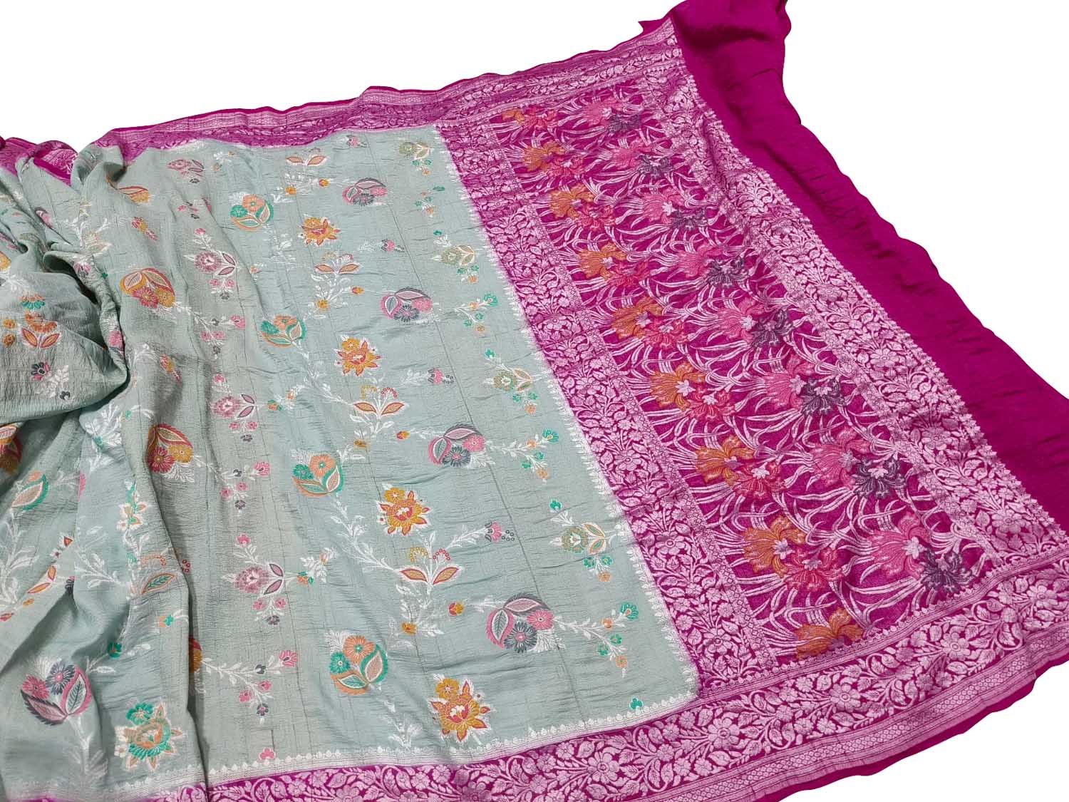 Elegant Grey Banarasi Handloom Tussar Georgette Meenakari Saree - Luxurion World